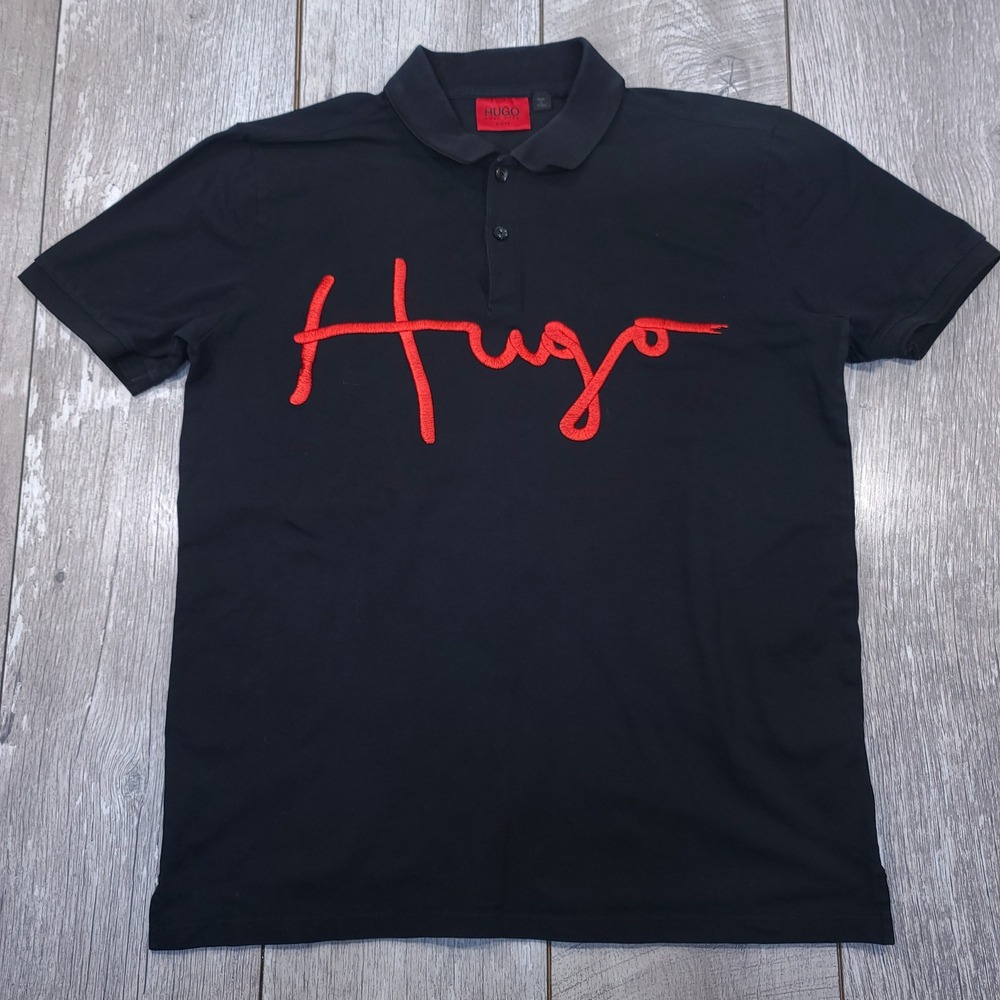 Hugo Boss Polo Shirt Men Large Black Red Script Logo Slim Fit Short Sleeve